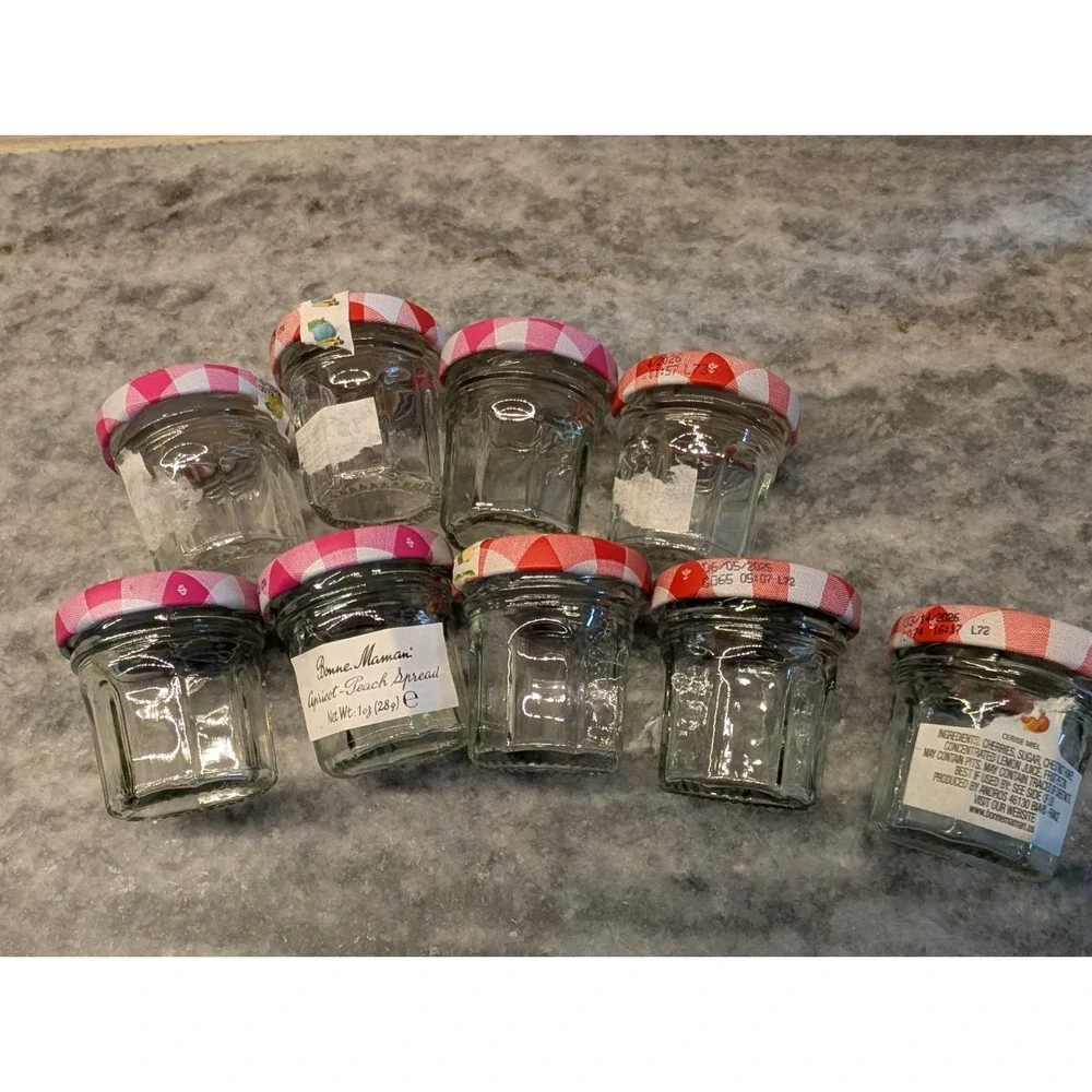 Bonne Maman Empty Mini  (1 oz.) Glass Jars with Red + Pink Lids - Lot of 9